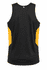 A black singlet with yellow side panels and a logo on the back.