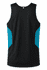 A black singlet with turquoise side panels and a logo on the back. Suitable for casual wear or sports activities.