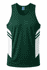A green singlet with white side panels and a logo. Suitable for active wear and sports.