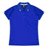 A blue polo shirt with short sleeves and a collar, featuring contrasting stripes on the shoulders and a logo.