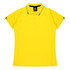 A yellow polo shirt with a collared neck and contrasting black stripes on the collar and sleeves. It features a logo.