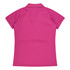 A pink polo shirt featuring short sleeves and a collared neck, with a logo on the back.