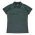 A dark green polo shirt with a collar and short sleeves, featuring a logo on the front.