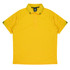A yellow polo shirt featuring a contrasting collar and striped accents on the sleeves. It has a logo on the chest.