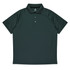 A dark green men's polo shirt with a collar and three buttons, featuring a logo on the chest.