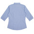 A light blue button-up shirt with 3/4 sleeves and a back view, featuring a collar and a logo.