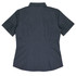 A short-sleeve, button-up women's shirt in a dark grey colour with a back view and rolled sleeves. It has a logo.