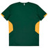 A green T-shirt with yellow side panels and a logo on the back. Suitable for kids.
