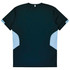 A dark green T-shirt with light blue side panels, featuring a branding logo.