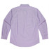 A long sleeve button-up shirt in light purple with a back pleat design. Features a logo on the fabric.