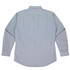 A long-sleeve button-up shirt in light blue with a striped pattern and a logo.