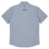 A short sleeve button-up shirt in a blue and white striped pattern, featuring a chest pocket and a collar.