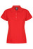 A red polo shirt with a collared neckline and short sleeves, featuring a logo on the label.