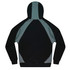 A hoodie in black and grey with a colour-block design and a hood. It features a logo on the front.