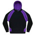 A black hoodie with purple accents and a front pouch pocket, featuring a hood and contrasting design elements.