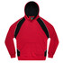 A red and black hoodie featuring a kangaroo pocket and a hood, with contrasting panels and a branding logo.