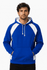 A blue hoodie with white accents and a front pocket, featuring a drawstring hood and a logo.