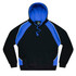 A black hoodie with blue accents and a blue inner hood. It features a logo and a drawstring at the neck.