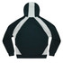 A dark green hoodie with grey contrast panels and a hood. It features a simple design with long sleeves.
