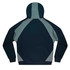 A men's hoodie featuring a combination of dark green and light grey panels, with a hood and ribbed cuffs.