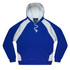 A blue and white hoodie featuring a kangaroo pocket and contrasting raglan sleeves, with a logo on the neckline.