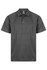 A dark grey polo shirt with a three-button placket and short sleeves. It features a logo on the chest.