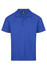 A blue polo shirt with a collar and three buttons, featuring a logo on the upper left.