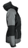 A black and grey jacket with a hood, featuring a logo on the side.
