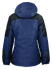 A navy and black jacket with a hood, featuring a sleek design and a logo on the back.