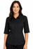 A black button-up shirt with 3/4 sleeves, featuring a collar and a logo on the chest.