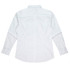 A long-sleeve white button-up shirt with a stylish back design and cuffs, featuring a logo.