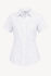 A white short sleeve button-up shirt with a fitted silhouette and a collar, featuring a logo.
