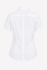 A short-sleeve white button-up shirt with a fitted design and a back seam, featuring a logo.