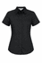 A black button-up shirt with short sleeves, featuring a fitted design and a collar. It has a logo on it.