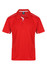 A red polo shirt with white detailing and a collar, featuring branding on the chest.