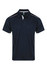A navy polo shirt featuring white side stripes and a collar. It has a logo on the chest area.