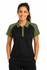 A polo shirt in black with green sleeves, featuring a collar and a central button placket. It includes a logo on the shirt.