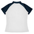 A polo shirt featuring a white body with navy blue sleeves and a collar, complete with a brand logo.