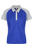 A blue polo shirt with grey accents and a collar, featuring a logo on the chest.