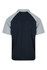A navy and light grey polo shirt with a raglan design, featuring short sleeves and a collar.
