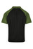 A men's polo shirt featuring a black body with green sleeves, showcasing a clean, simple design.