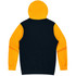 A hooded jumper featuring a black body and bright yellow sleeves. It includes a hood and has a logo.
