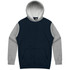 A hooded jumper featuring a navy body and grey sleeves, with a kangaroo pocket and a logo on the inside.
