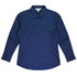 A navy long sleeve button-up shirt with a collar and a logo on the label.