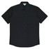 A black short sleeve button-up shirt with a chest pocket and a logo.