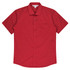 A short sleeve button-up shirt in deep red with a single chest pocket and a logo label on the collar.
