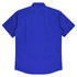 A blue short-sleeve button-up shirt featuring a back yoke and a brand logo.