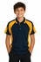 A navy and yellow polo shirt featuring a logo, designed for kids, with a sporty style and a comfortable fit.