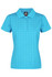 A women's polo shirt in aqua blue with a textured pattern and a collar. It features buttons and has a logo.