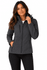 A soft shell jacket in dark grey, featuring a hood and zippered pockets, worn by a smiling woman.